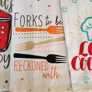 NEW~Set Of 2 Kitchen Cotton Flour Sack Tea Towels "COOK EAT & BE HAPPY" 15x25” NEW~Set Of 2 Kitchen Cotton Flour Sack Tea Towels "COOK EAT & BE HAPPY" 15x25”
